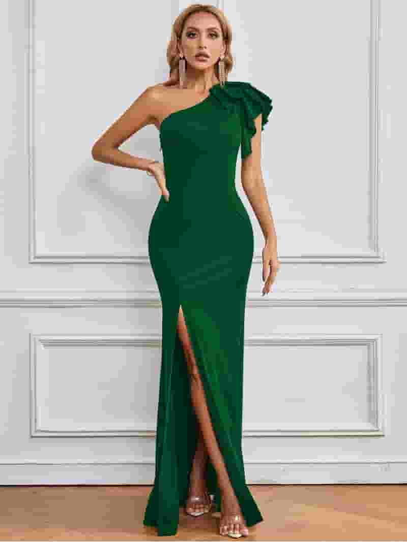 ワンピース W CLASSIC PERFORMANCE DRESS DEEP GREEN I2CRAZY Women's Sexy Dark Green One Shoulder High Split