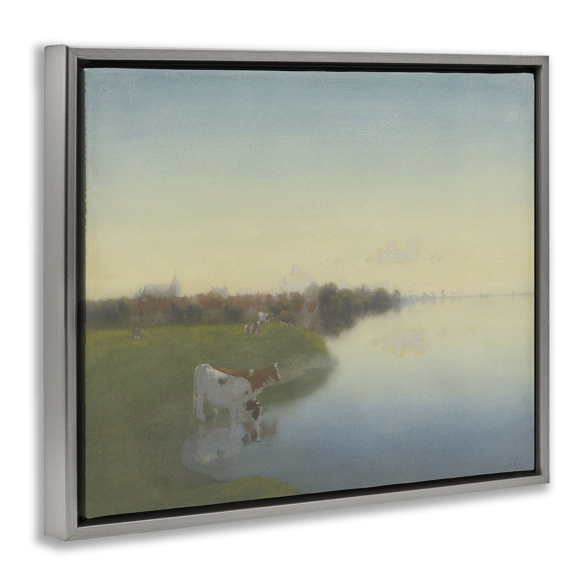 Stupell Industries Cows in Serene Shore Landscape & Nature Painting Gray Floater Framed Canvas Art Print Wall Art, 31 x 25