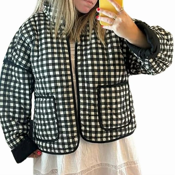 Chaqueta Acolchada Corta con Estampado Floral Vintage para Mujer, Chaqueta Corta Abierta Al Frente, Ropa de Abrigo Cuadros en y Negro M
