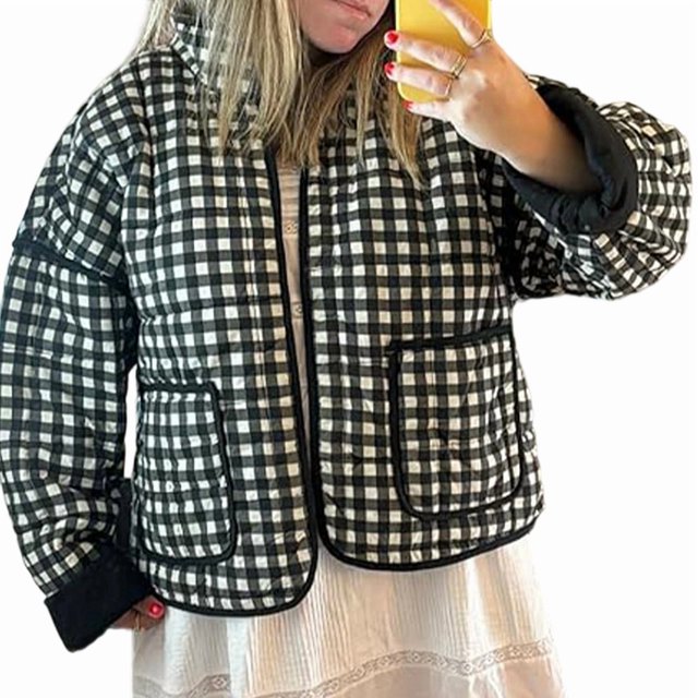Chaqueta Acolchada Corta con Estampado Floral Vintage para Mujer, Chaqueta Corta Abierta Al Frente, Ropa de Abrigo Cuadros en y Negro M