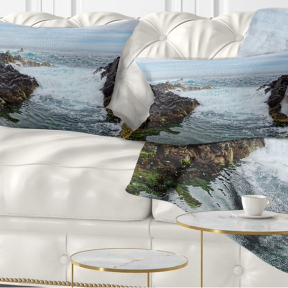 Designart Splashing Waters to Mossy Rock - Seashore Throw Pillow - 12x20