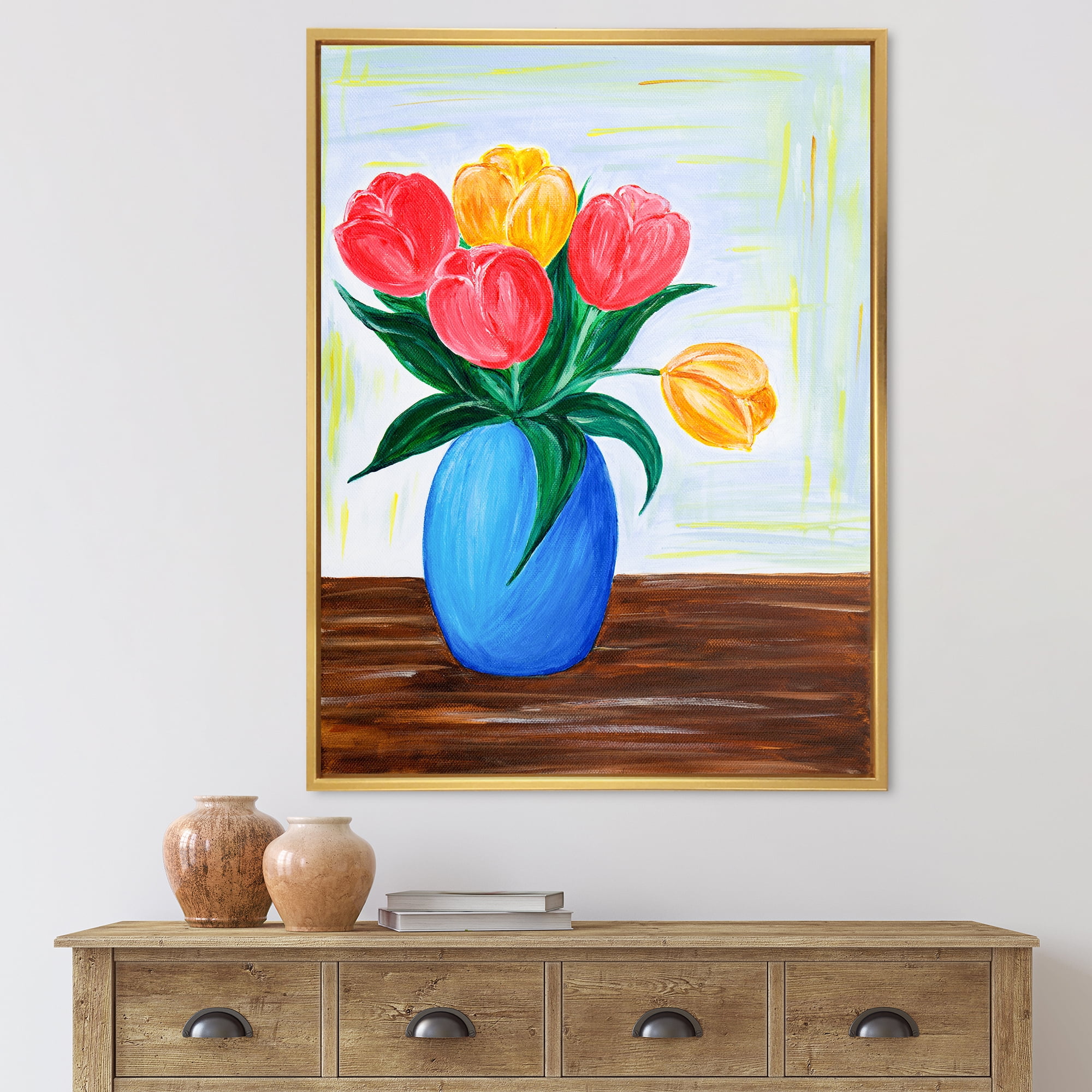 Designart 'Bouquet Of Orange and Red Tulips In A Vase' Traditional Framed Canvas Wall Art Print