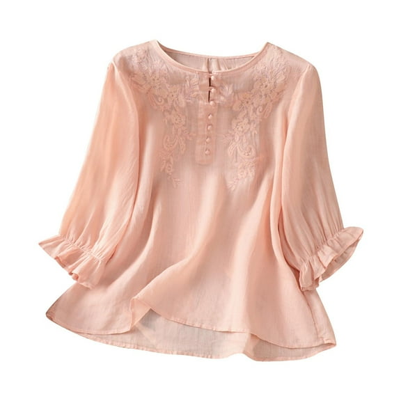 CLOISE T Shirts for Women Crew Neck Tops Button Graphic Short Sleeve Pullover Embroidery Cute Vacation Clothes Pink XL