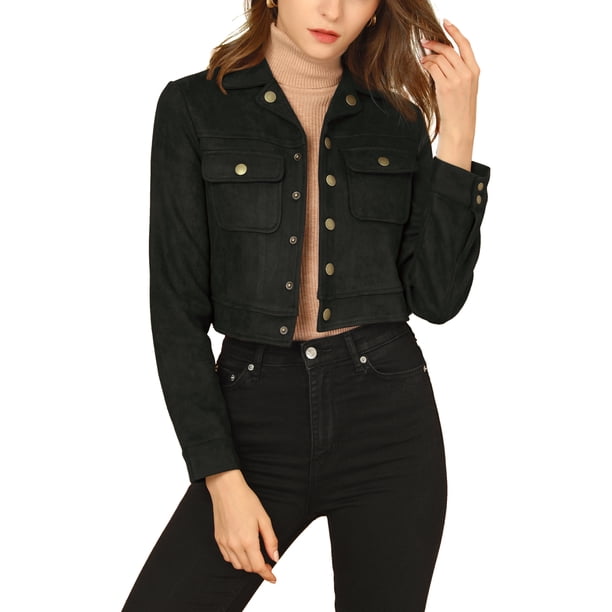 CHAQUETA MOTERA CORTA DE SUEDE SINTÉTICO CON CUELLO CAÍDO PARA MUJERES INSPIRE CHIC M NEGRO