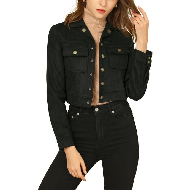 INSPIRE CHIC Veste Moto Courte en Faux Suède à Col Rabattu pour Femmes
