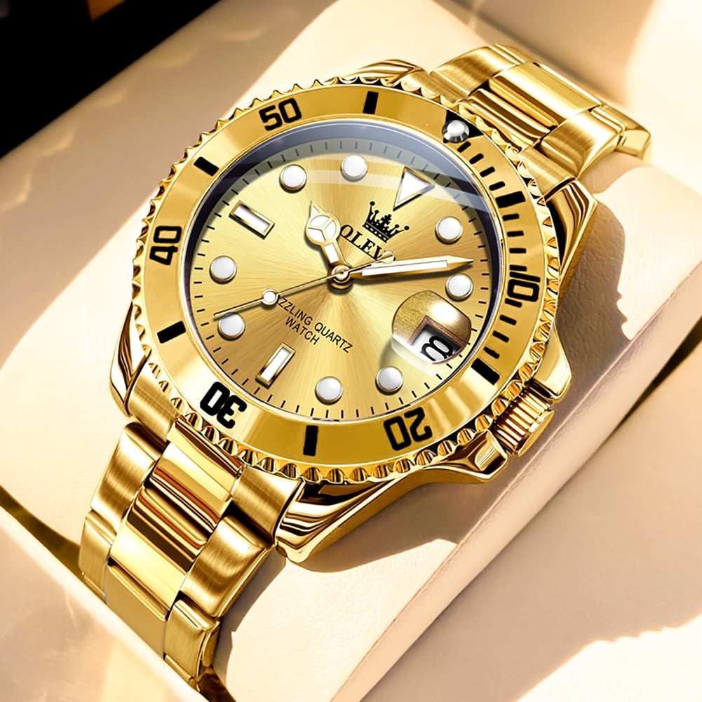 OLEVS Watches for Men Business Dress Luxury Casual Analog Quartz Stainless Steel Waterproof Luminous Date Men Wrist Watches reloj para hombre Gold Dial