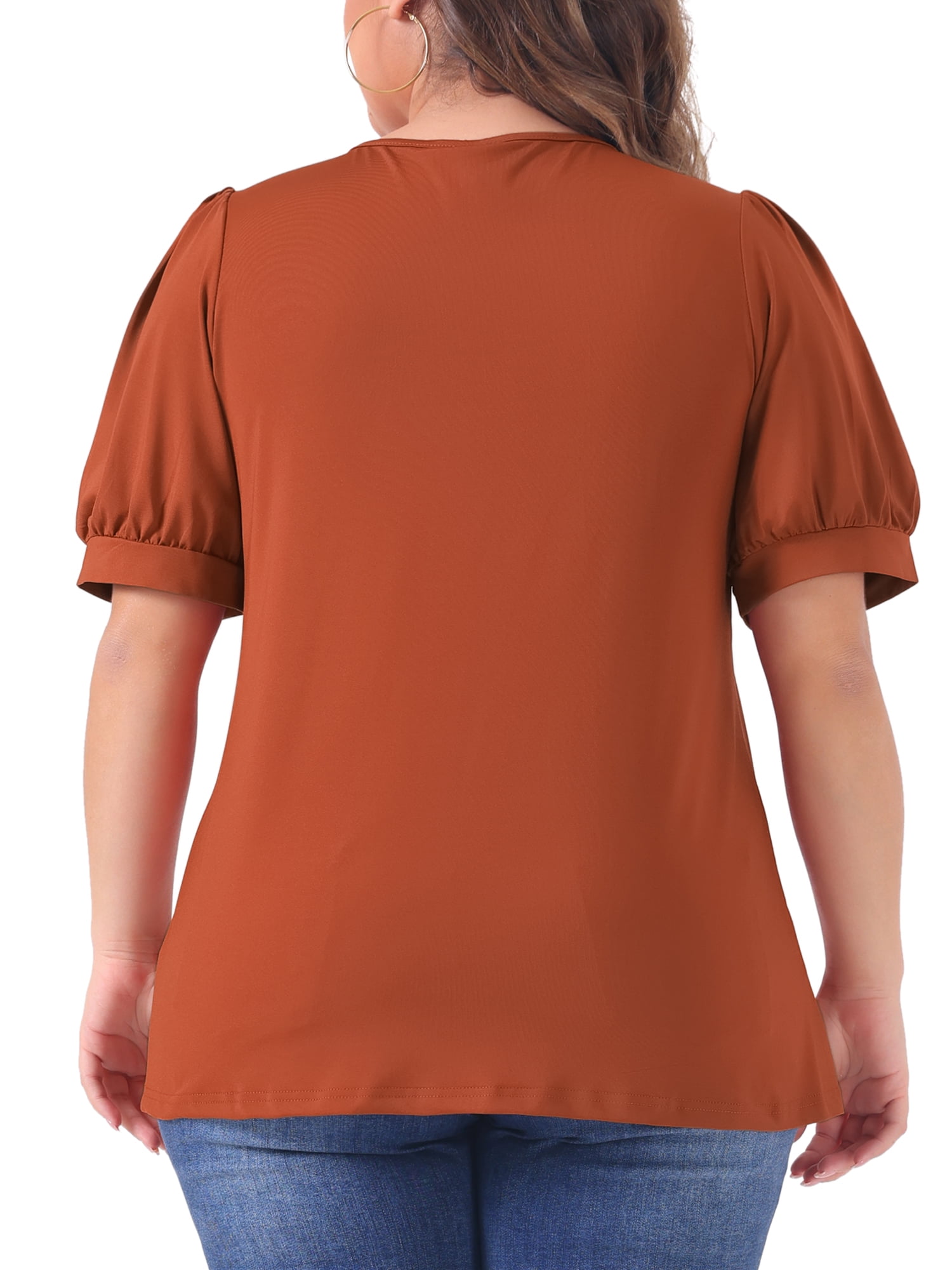 Women's Plus Top Puff Short Sleeve Tops Crew Neck Pleated Shirts Tunic Blouses 3X Red Brown
