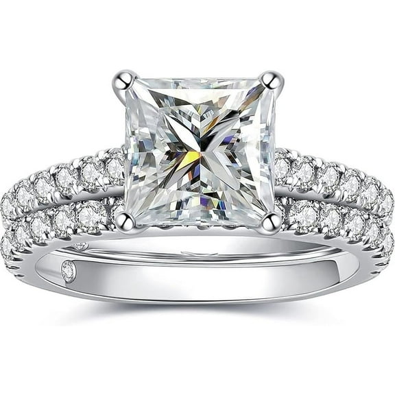 Gems Jewels 925 Sterling Silver 2.70 Ct Princess Cut White Diamond Engagement Wedding Thanksgiving Christmas Bridal Ring Set 14K White Gold Plated For Women's -10