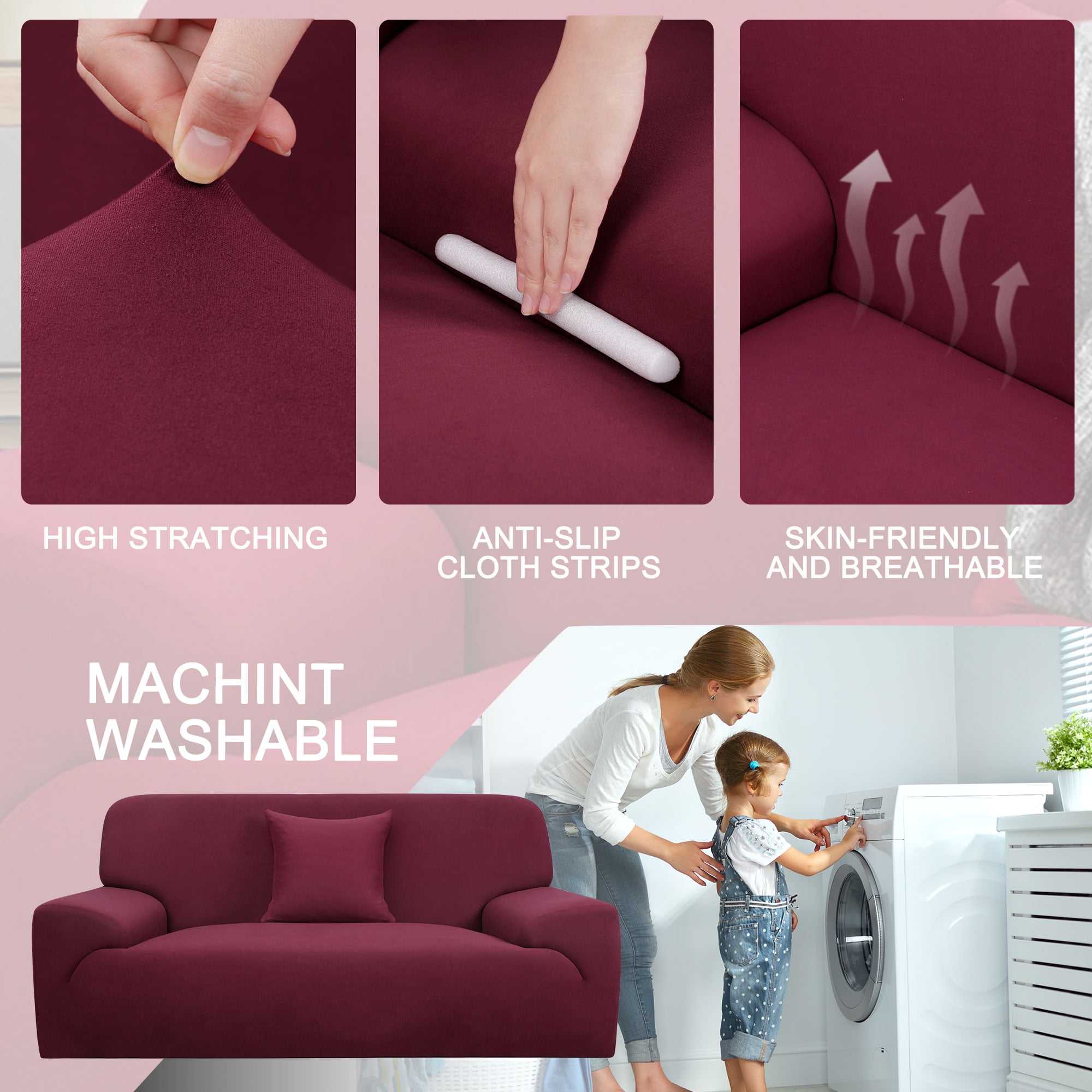 PiccoCasa Thick Stretch Sofa Cover 2 Seater Solid Couch Cover, Burgundy