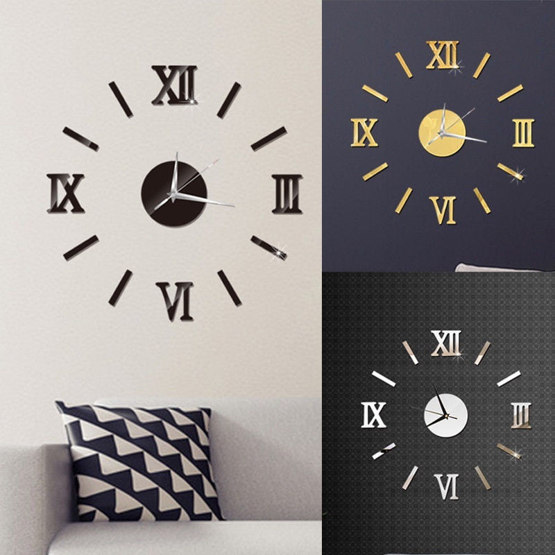 DIY Modern 3D Wall Clock Analog Mirror Surface Large Number Sticker Home Decor 