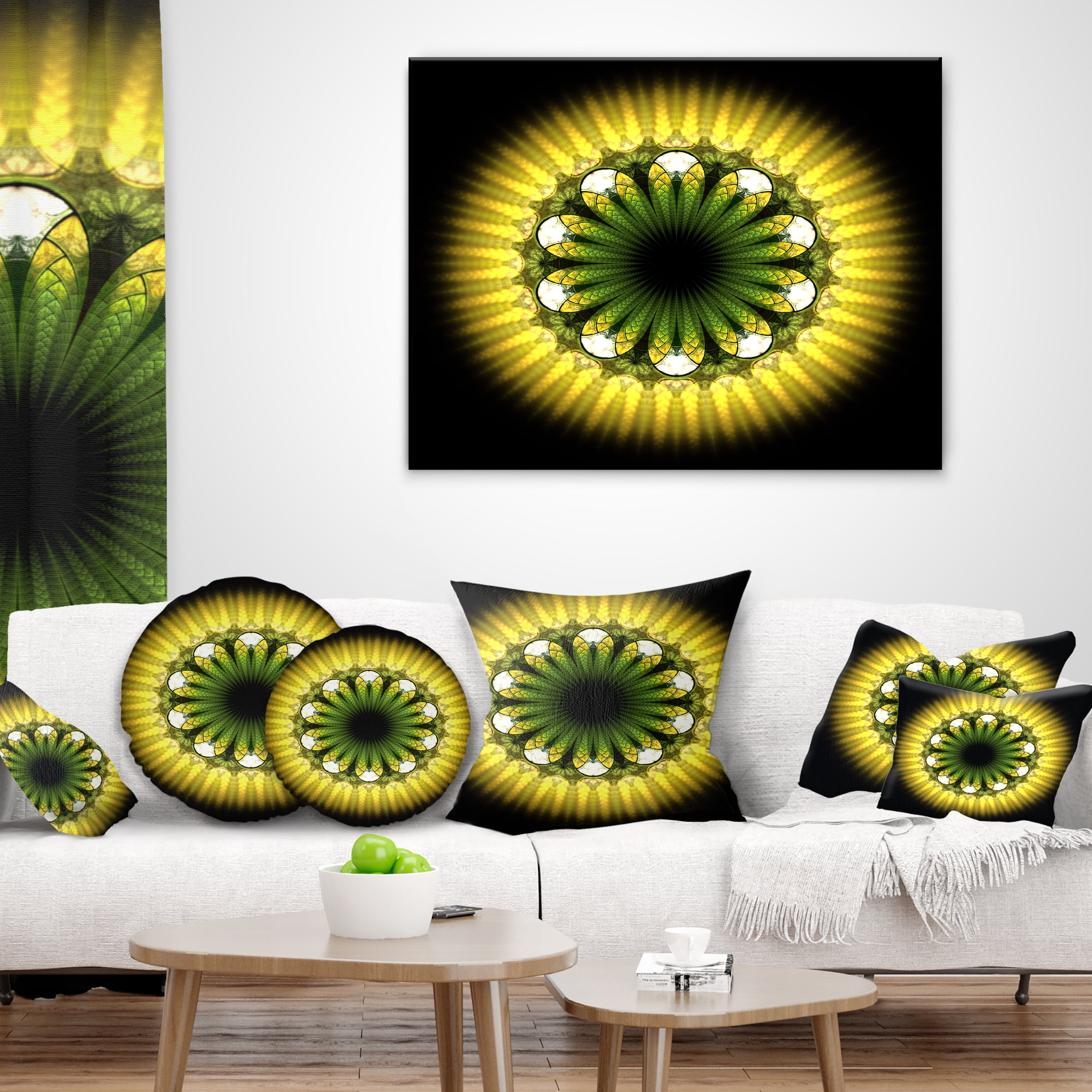 Designart Black Yellow Fractal Flower Pattern - Abstract Throw Pillow - 18x18