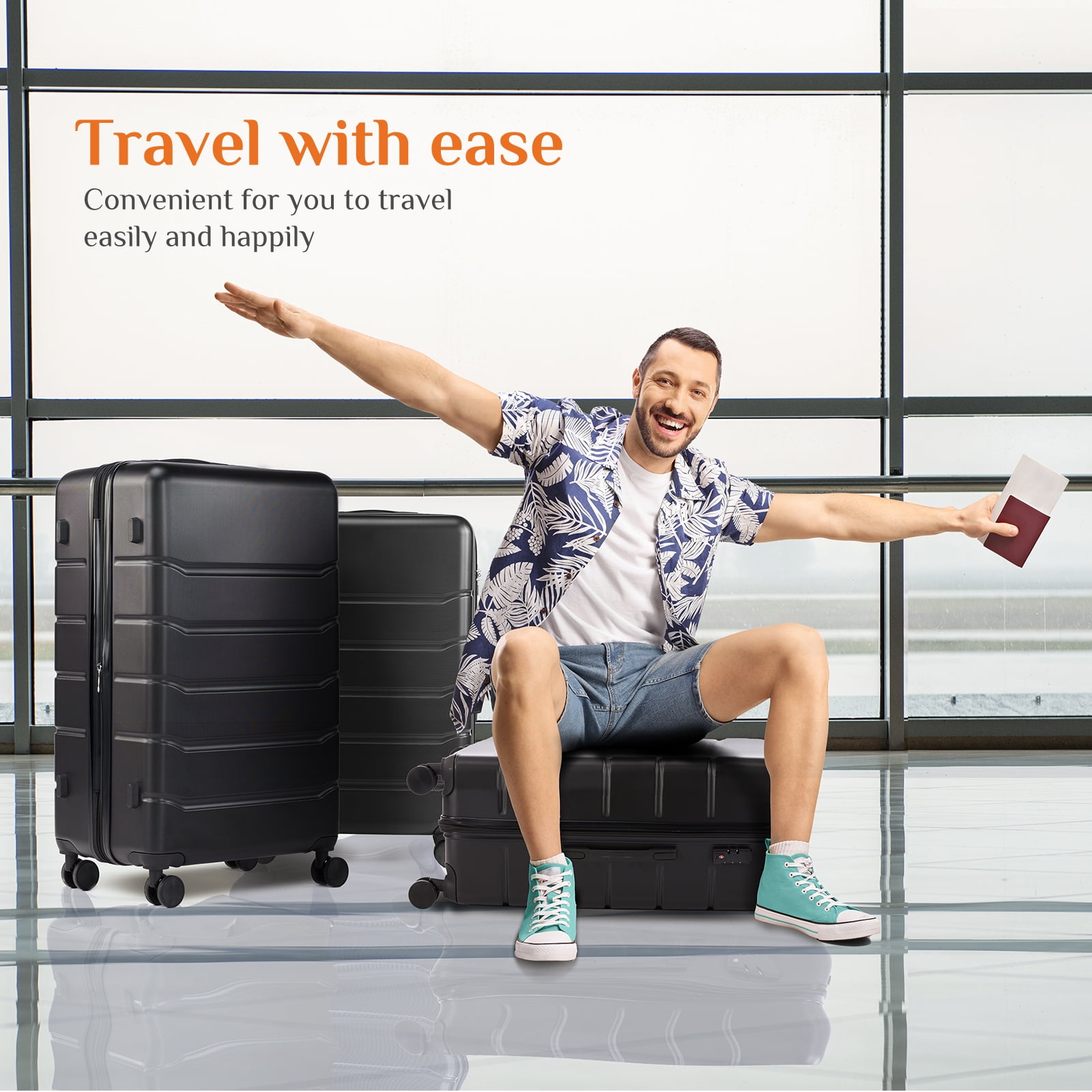 JIOABL 3 Pieces Carry On Luggage Expandable Hardside Suitcases with Rolling Spinner Wheels & TSA Lock, Black