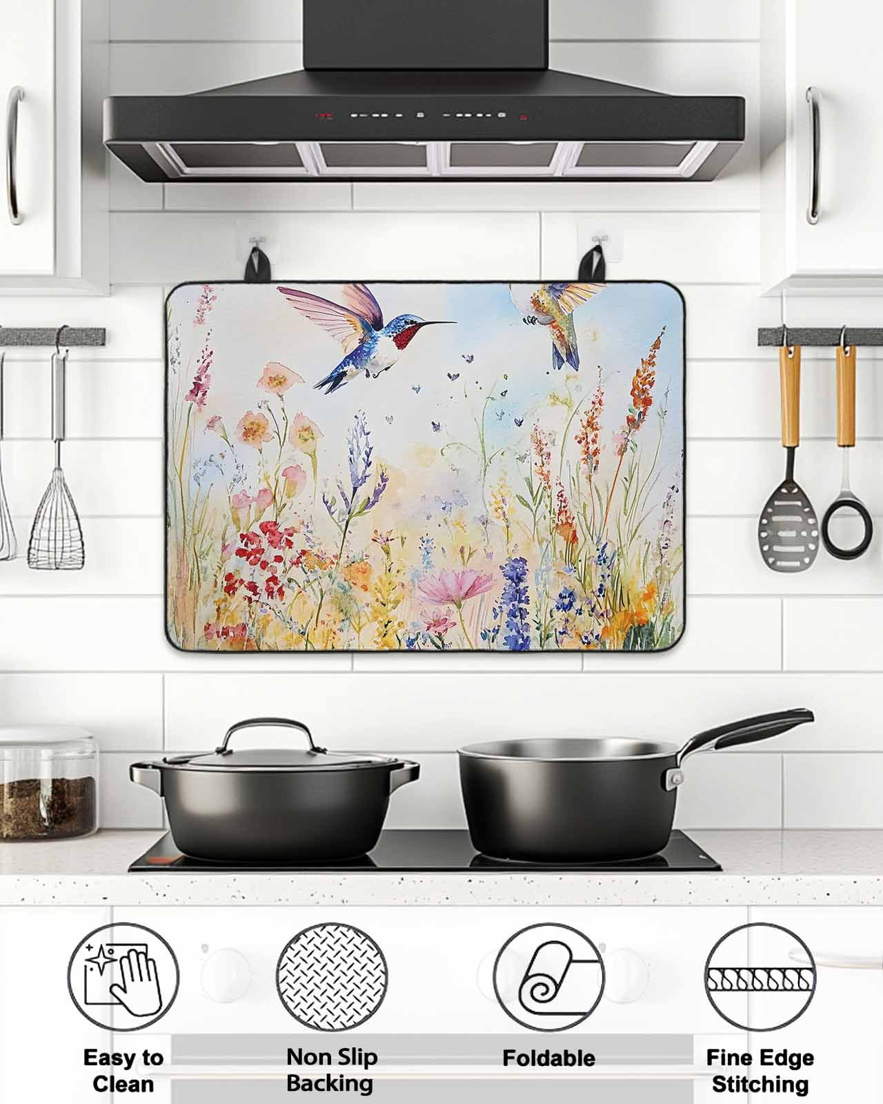 Stove Top Covers for Electric Stove, Spring Hummingbird Floral Glass Stovetop Cover Protector, Farmhouse Flower Botanical Induction Cooktop Protector Oven Mat for Kitchen Countertop 24"x21"