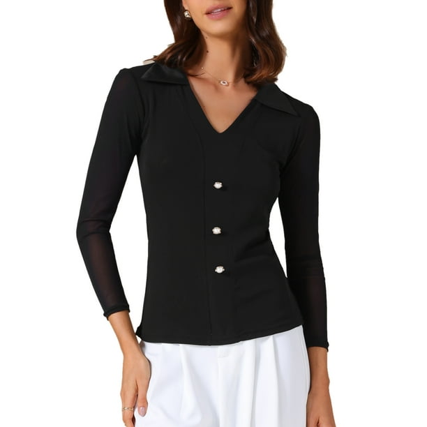 BLUSA DE MANGA LARGA TRANSPARENTE CON CUELLO EN V PARA MUJERES INSPIRADA CHIC TALLA XL NEGRA