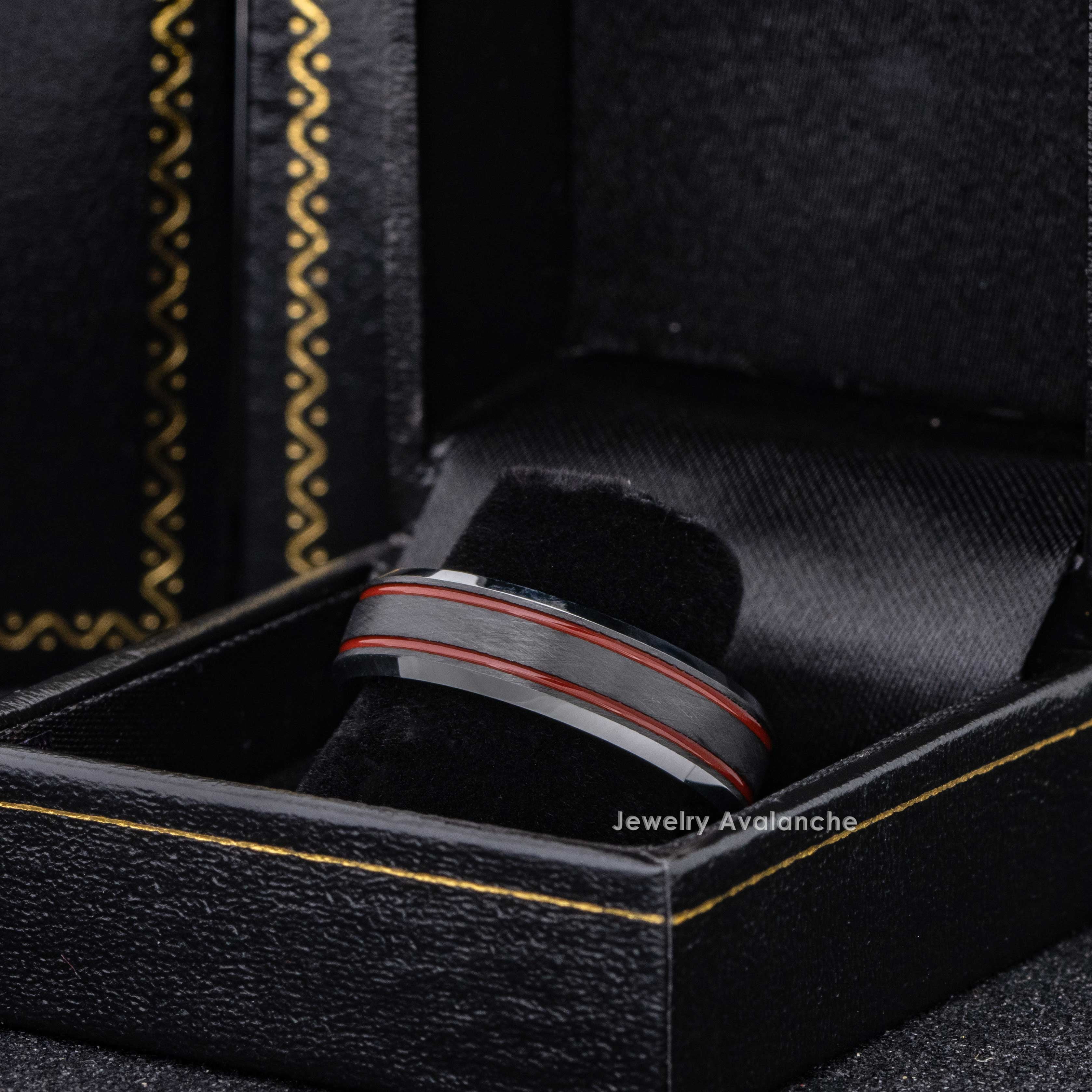 Jewelry Avalanche Double Red Grooved Accent Tungsten Wedding Band for Men Women, Firefigther Ring, 6mm, size 10