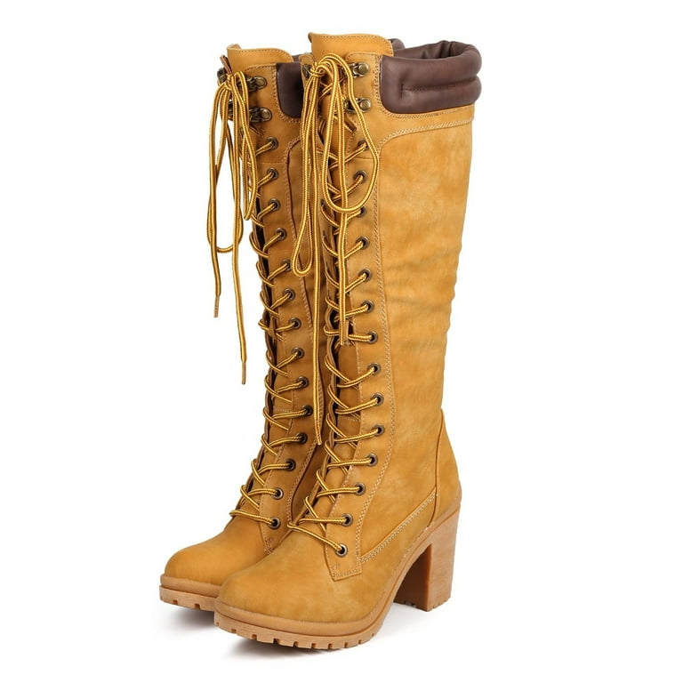 Liliana DC17 Women Two Tone Hard Toe Knee High Chunky Heel