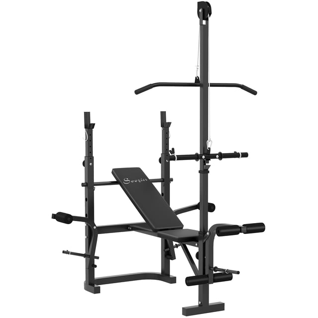 Soozier Adjustable Weight Bench with Rack – Black Steel Multi-Gym for Home Strength Training, Leg Extension & Preacher Curls – 61" L x 41.7" W