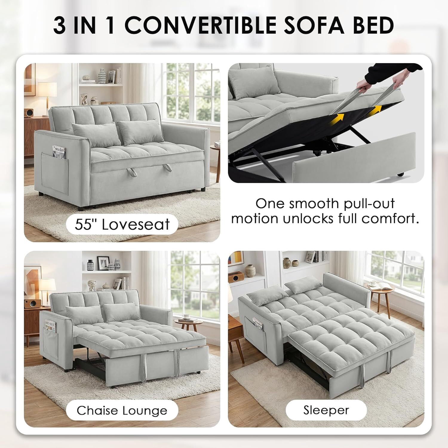 ShiKeyi 3 in 1 Convertible Sleeper Futon Sofa Bed, 55" Pull Out Sofa Bed with Storage Pocket/Side Pocket/2 Pillows for Living Room, Gray