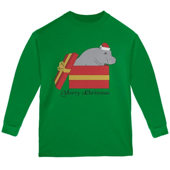 Merry Christmas Hippo Hippopotamus Cute Youth Long Sleeve T Shirt Green YLG