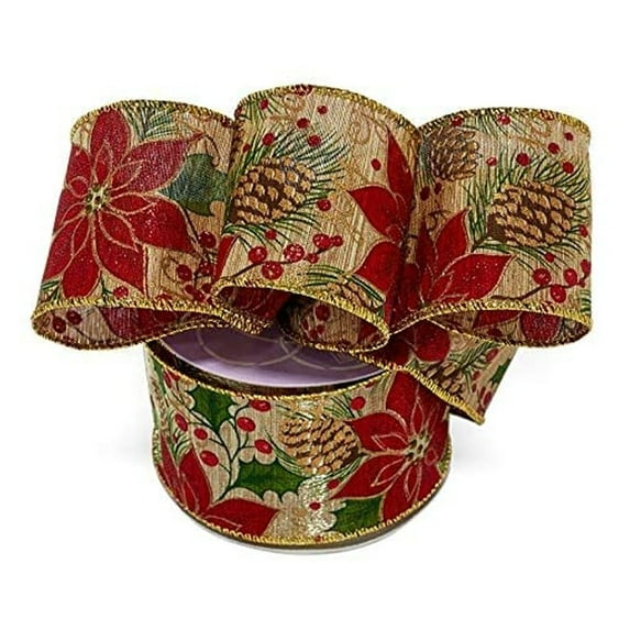 Christmas Floral On Gold Christmas Wired Ribbon - 2 1/2 Inches Wide - 10 Yards (56140822)