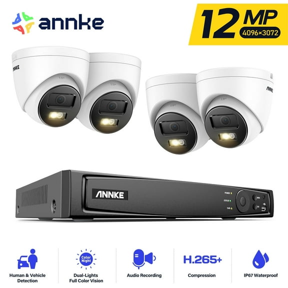 ANNKE H.265  12MP 8 Channel NVR Recorder 4 Turret Cameras PoE Security System, Color & IR Night Vision, Human & Vehicle Detection, ,Built-in Microphone, 100 FT EXIR Night Vision with Smart IR, NO HDD