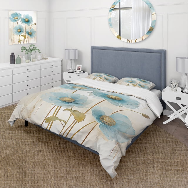 Designart "Poppy Meadow in Blue and Grey" Poppies Bedding Covert Set - Floral Blue Traditional Bed Set With 2 Shams