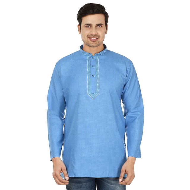 Robe en Coton Brodée Homme Kurta Courte Chemise Mode Inde Vêtements (Bleu, m)