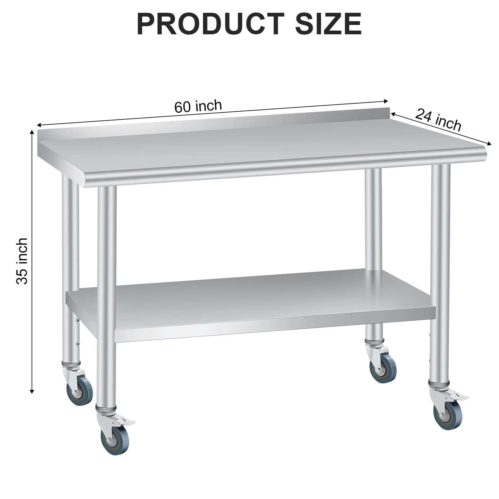 Stainless Steel Prep Table, 60 x 24 in, with Backsplash, Adjustable Undershelf and 4 Caster Wheels, Commercial Heavy Duty Table with Adjustable Under Shelf for Outdoor Use,Restaurants,Hotels,Works