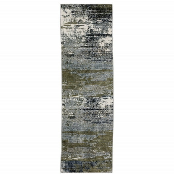 2' X 8' Blue Green Grey Brown And Beige Abstract Power Loom Stain Resistant Runner Rug
