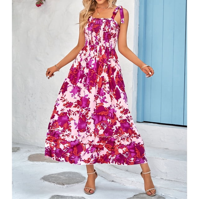 Vestido largo fruncido, vestido largo fruncido Vestido largo estampado Vestido largo femenino Aspecto llamativo