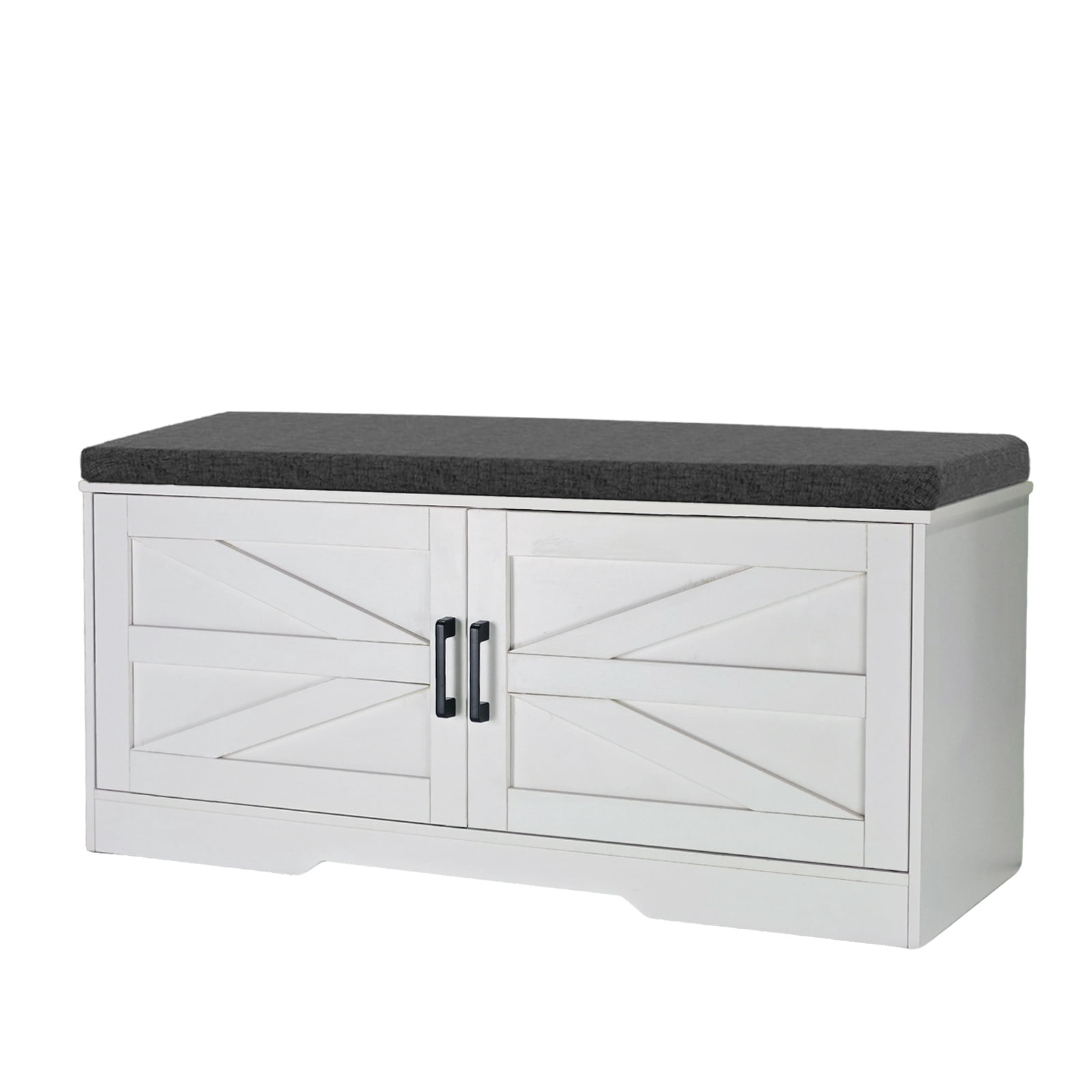 PORKISS Shoe Storage Bench with Cushion and Barn Doors for Entryway, Bedroom, Shoe Rack Bench with 2 Adjustable Shelves, White B