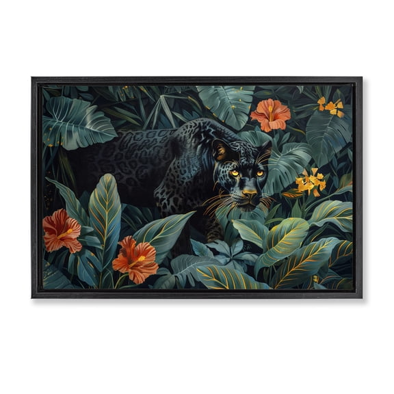 Stupell Industries Tropical Panther's Exotic Paradise Black Floating Frame Canvas Art, 25 x 17, by Ray Powers