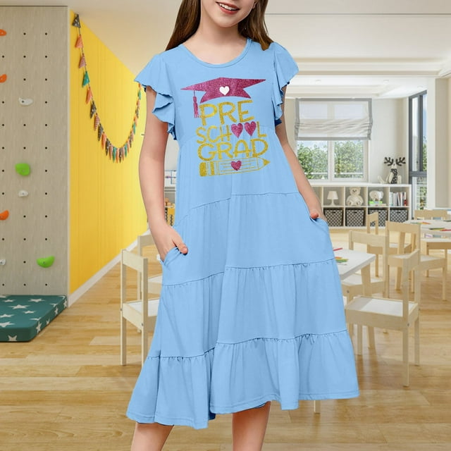 Robes pour Filles Cuhk Robe Imprimée à Manches Volantées pour Enfants pour la Saison des Remises de Diplômes, pour le Quotidien et les Activités Extérieures, Coupe Confortable