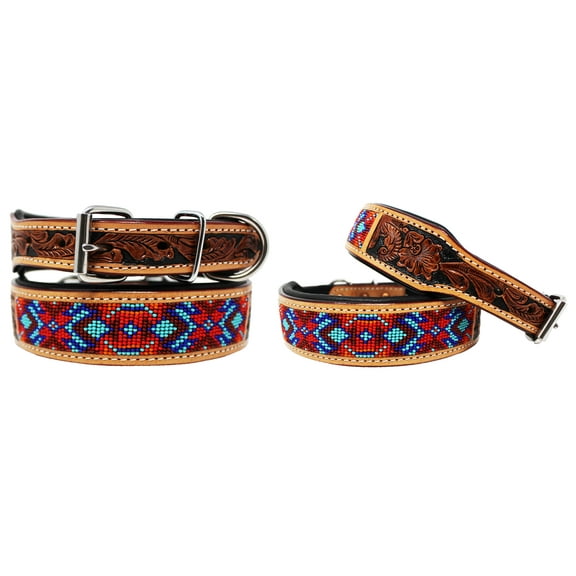 XSmall 9''- 13'' Hand Tooled Beaded Padded Leather Dog Collar  60165