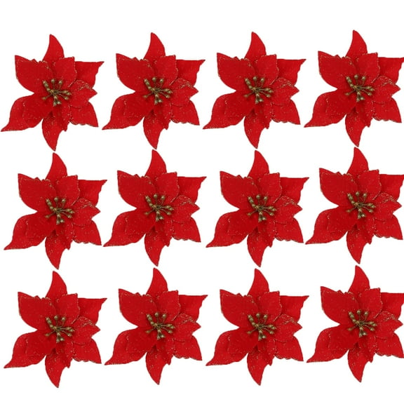 Xmarks 12” Artificial Glitter Red Poinsettia Christmas Bouquet (12 Count)