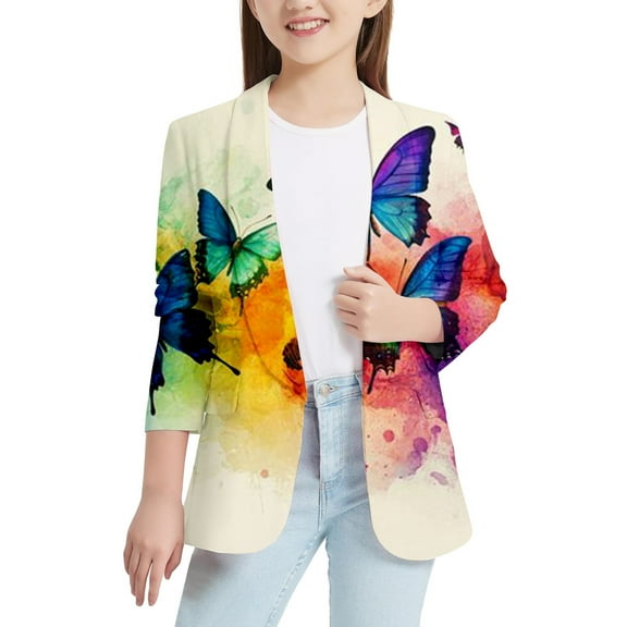 Hiijoy Little Girls Suit Jacket Open Front Inner Pocket Personality Blazer Coat, Beige