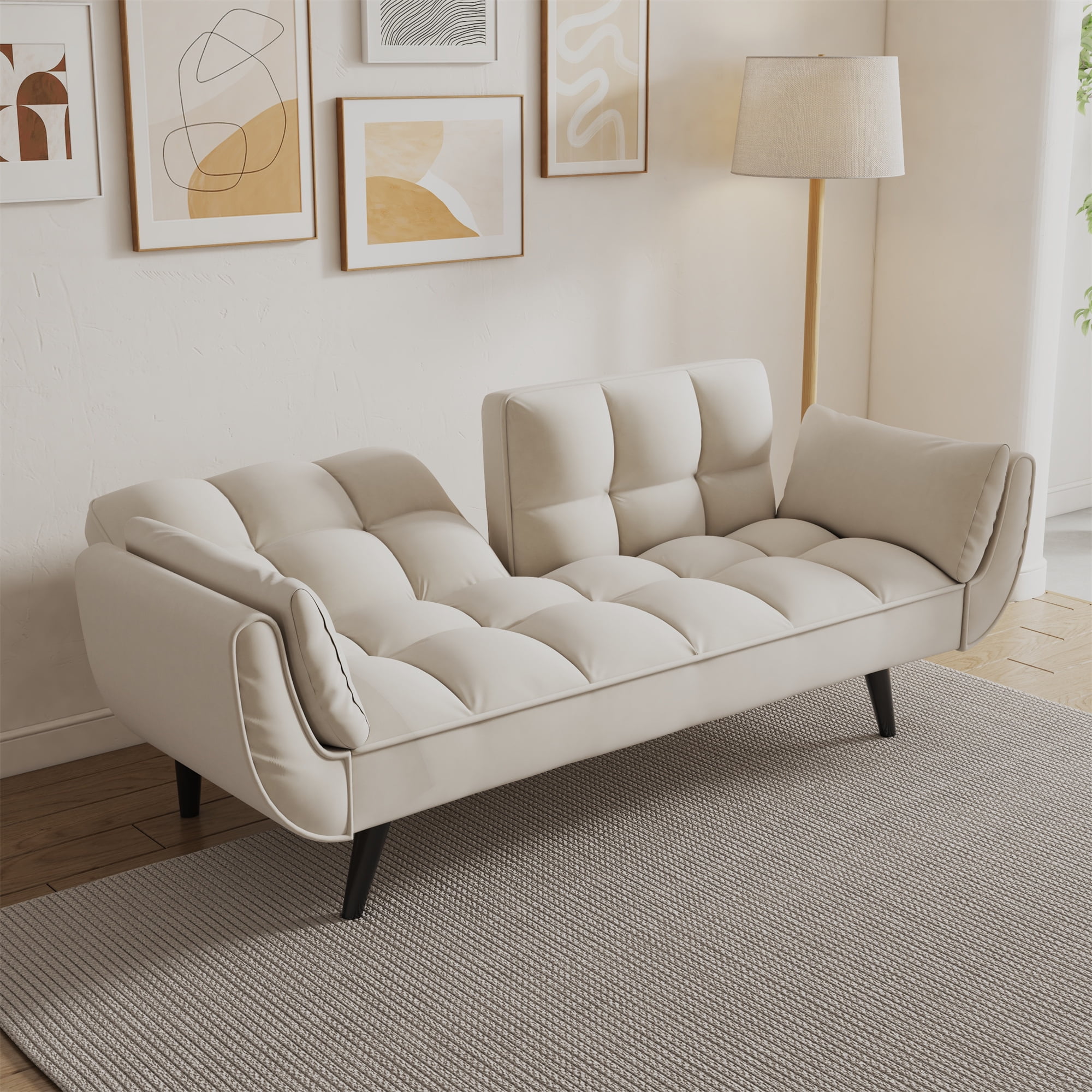 Aukfa 75" Flared Arm Futon Convertible Sofa Bed, Velvet Sleeper Couch for Home Office, Beige