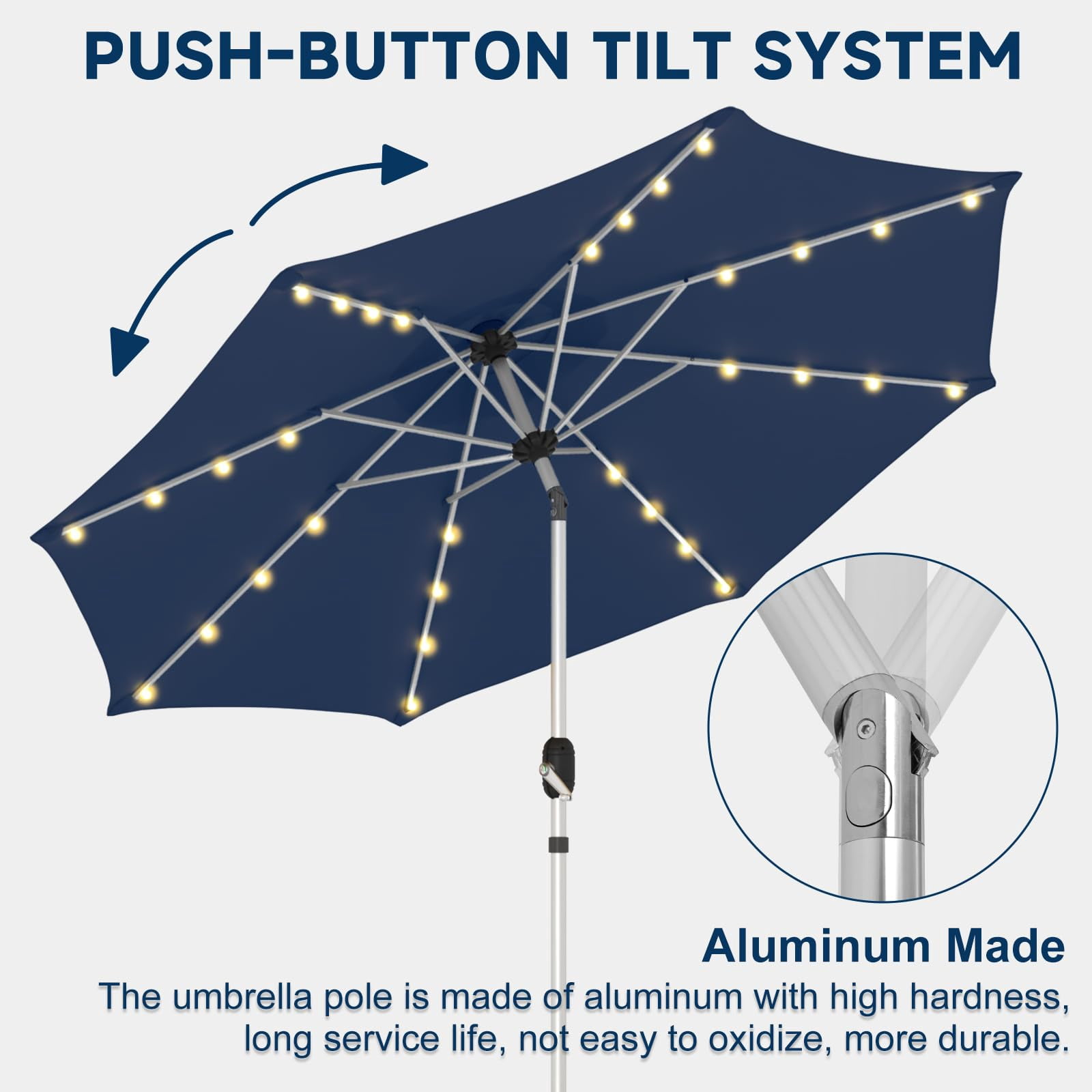 UPHYB 9FT 40 Solar Lighted Patio Umbrella, Fade-Resistant Outdoor Market Table Umbrella with Push Button Tilt Function, 8 Sturdy All-Aluminum Ribs for Gardens, Decks, Backyards & Pools (Navy Blue)