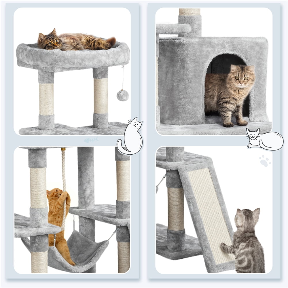 Alden Design 63" H Cat Tree Tower with Hammock and Scratching Posts, Light Gray