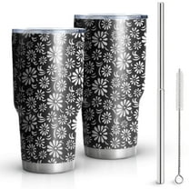 30oz Black Daisy Flower White Blooms Pattern Tumblers Stainless Steel Tumbler with Lid and Straw,Vacuum Insulated Double Wall Travel Tumbler Cups Mug with Cleaning Brush for Coffee,Tea
