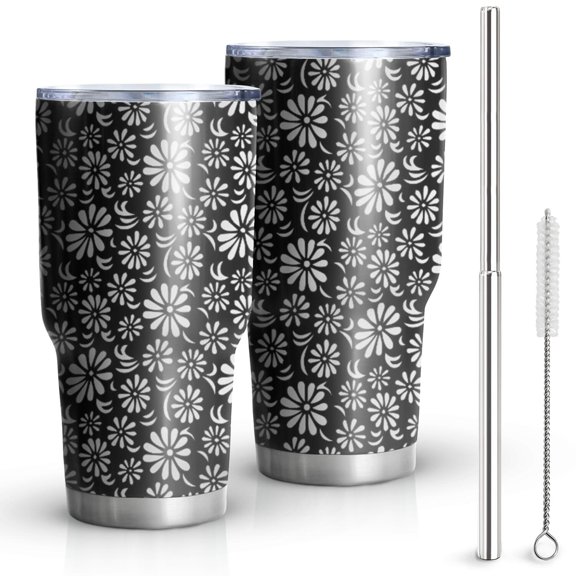 30oz Black Daisy Flower White Blooms Pattern Tumblers Stainless Steel Tumbler with Lid and Straw,Vacuum Insulated Double Wall Travel Tumbler Cups Mug with Cleaning Brush for Coffee,Tea