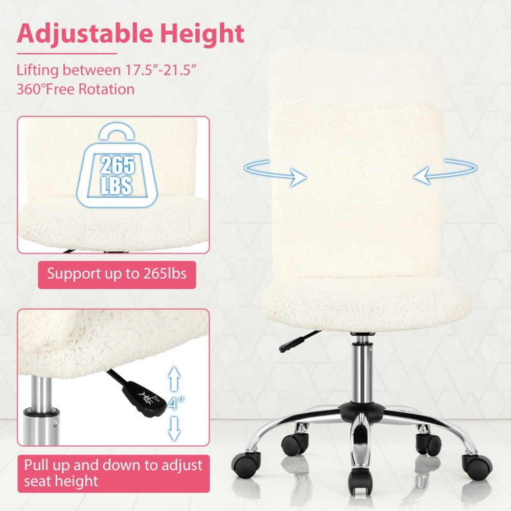 Demi Bonn Armless Faux Fur Leisure Office Chair with Adjustable Swivel, Rolling Work Computer Desk Chair for Home, Bedroom, Study, White