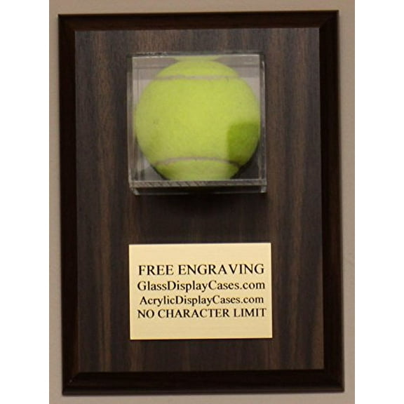 Tennis Ball Personalized Custom Wall Mount Display Case Holder - Wood Plaque with Walnut Finish - Free Engraving