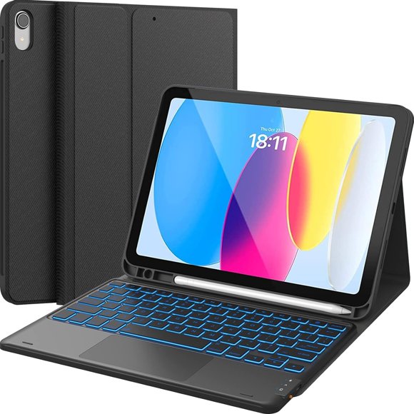 CHESONA For iPad 10th Generation Case with Keyboard (10.9", 2022), 7 Color Backlight, Multi-Touch Trackpad, Flip Stand Case with Pencil Holder, 2 Bluetooth Channels for iPad 10th