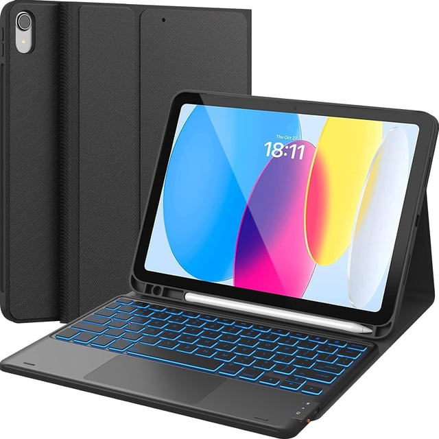 CHESONA For iPad 10th Generation Case with Keyboard (10.9", 2022), 7 Color Backlight, Multi-Touch Trackpad, Flip Stand Case with Pencil Holder, 2 Bluetooth Channels for iPad 10th