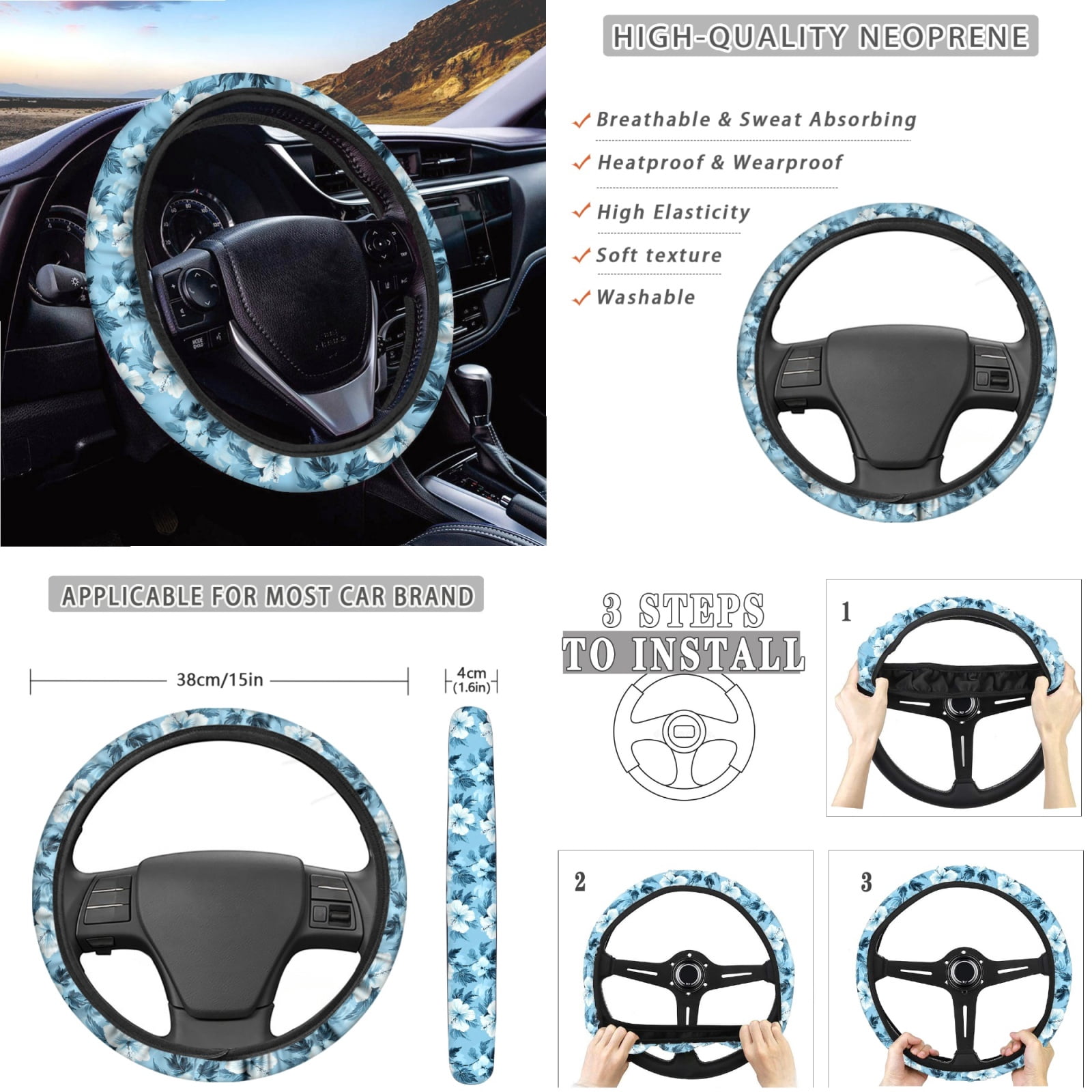 Jeiento Blue Hibiscus Flowers Car Seat Cover with Steering Wheel Cover Seat Belt Strap Pad Handbrake Gear Shift Knob Cover Rubbish Bin Armrest Cover Auto Rearview Mirror Cover Coasters 14 PCS