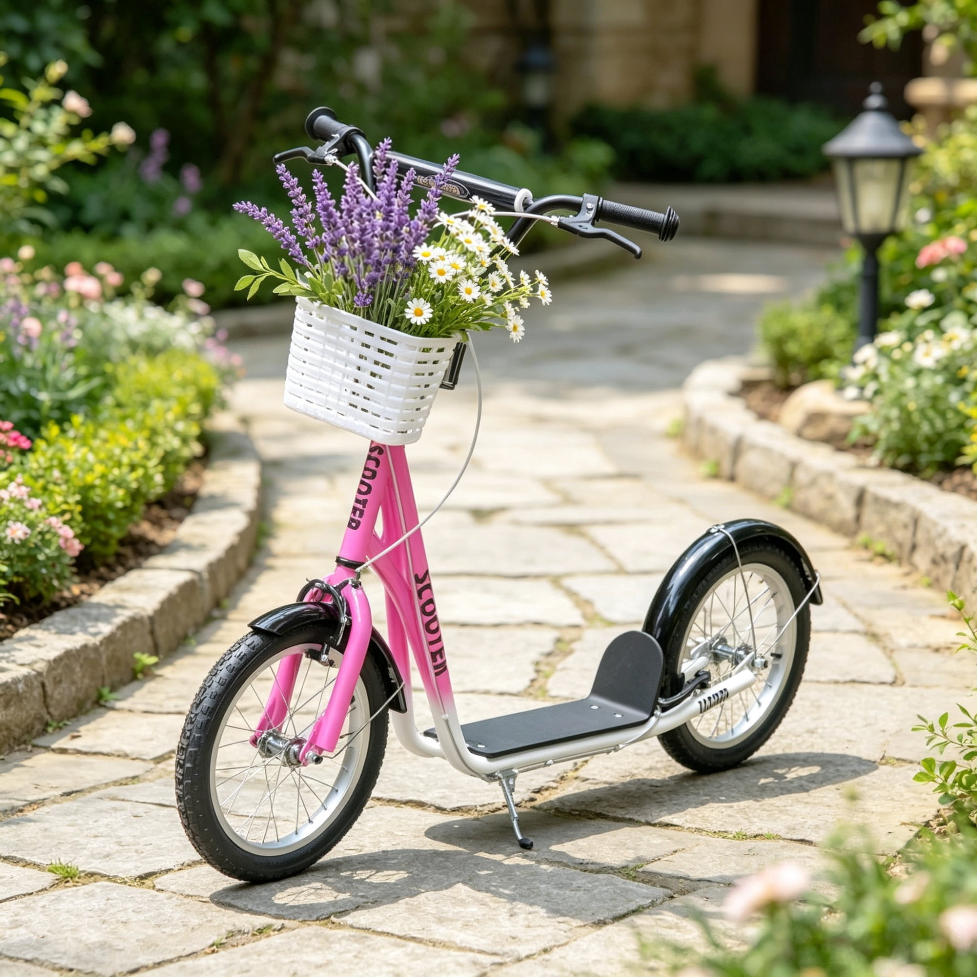 16" Inflatable Youth Scooter, Kick Scooter with Adjustable Handlebars, Double Brakes, Basket and Cupholder, Pink