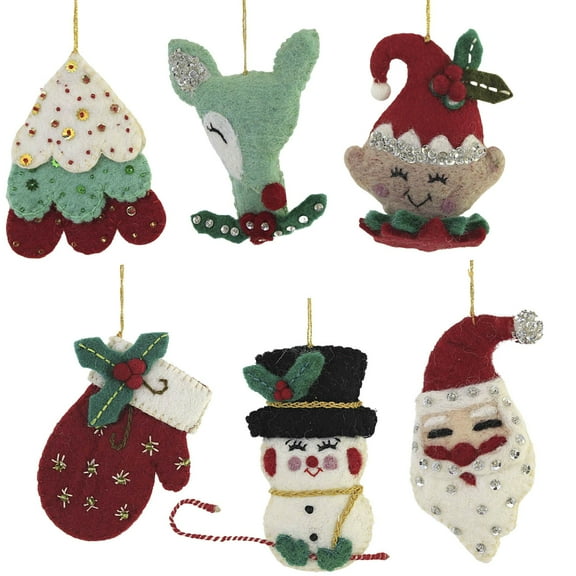 Holiday Ornament Christmas Icon Set/6 Wool Vintage Santa Snowman Mx179957