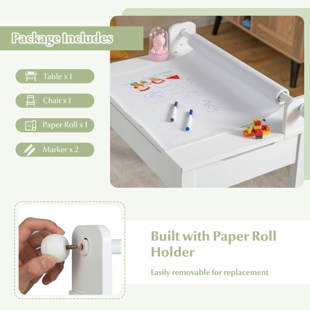 Resenkos Wooden Kids Table and Chair Set with Storage and Paper Roll Holder-White, Small Folding Table for Arts & Crafts, Snack Time, Homeschooling, Homework