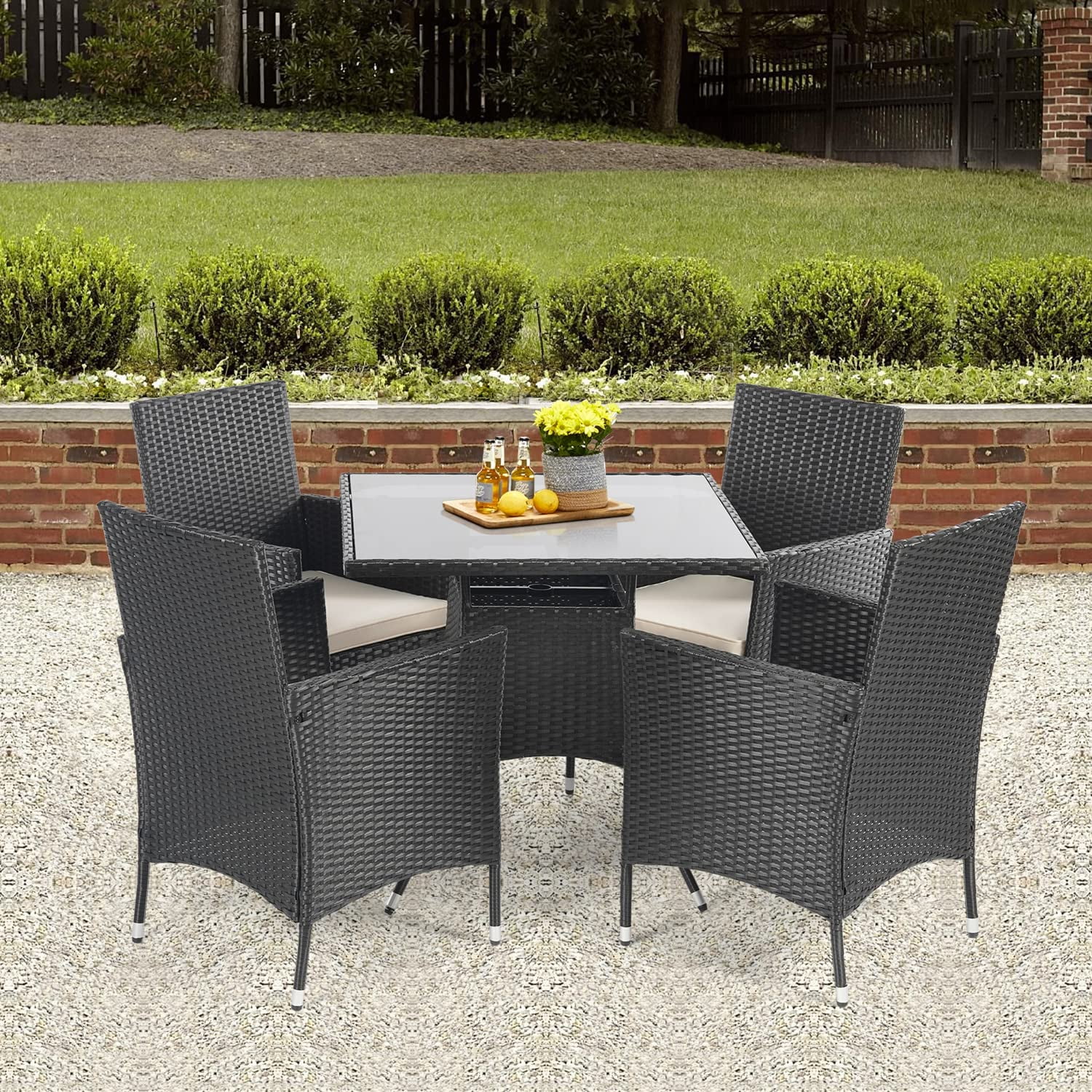 Outdoor Wicker Dining Set, 4 Person Outdoor Dining Set with Cushions